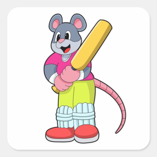 Mouse at Cricket with Cricket bat Square Sticker (Front)