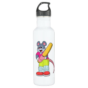 Mouse at Cricket with Cricket bat Stainless Steel Water Bottle