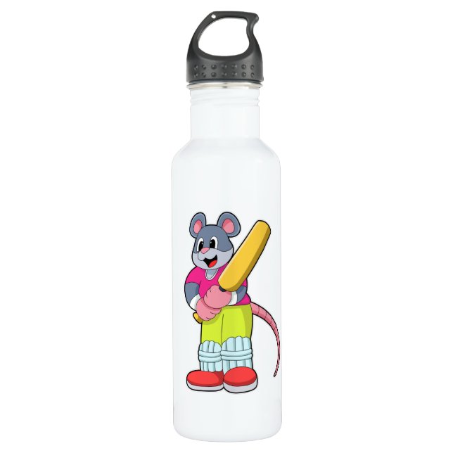 Mouse at Cricket with Cricket bat Stainless Steel Water Bottle (Front)