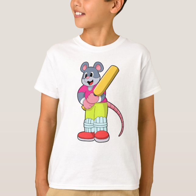 Mouse at Cricket with Cricket bat T-Shirt (Front)