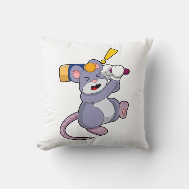 Mouse at Cricket with Cricket bat Throw Pillow (Front)
