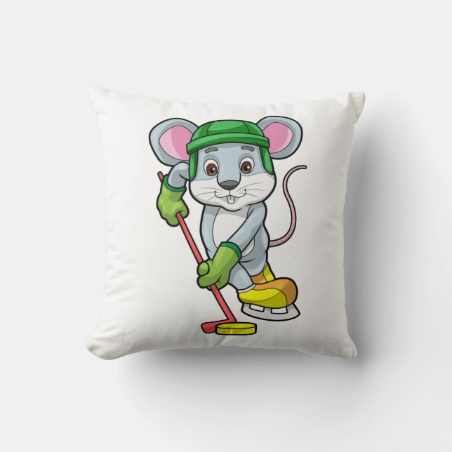 Mouse at Ice hockey with Hockey stick Throw Pillow (Front)