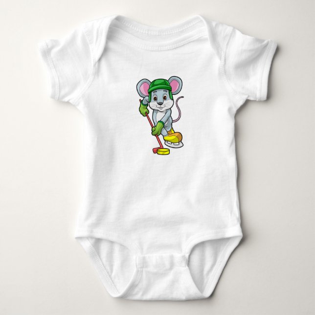 Mouse at Ice hockey with Ice hockey stick Baby Bodysuit (Front)