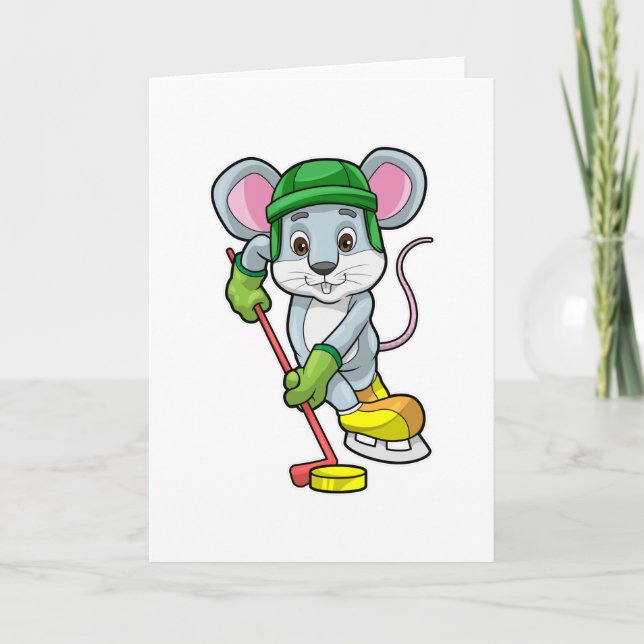 Mouse at Ice hockey with Ice hockey stick Card (Front)