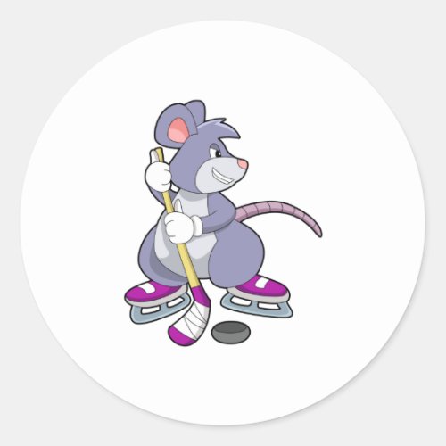 Mouse at Ice hockey with Ice hockey stick Classic Round Sticker