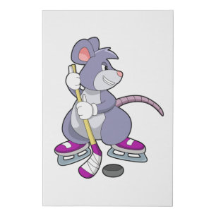 Mouse at Ice hockey with Ice hockey stick Faux Canvas Print