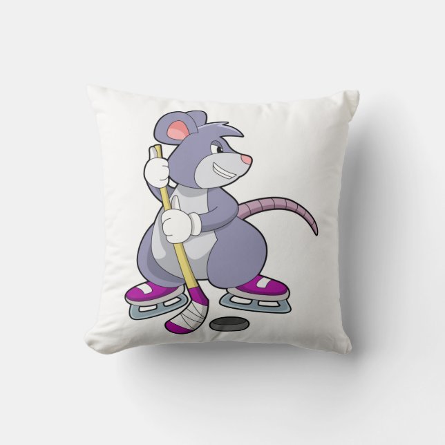 Mouse at Ice hockey with Ice hockey stick Throw Pillow (Front)