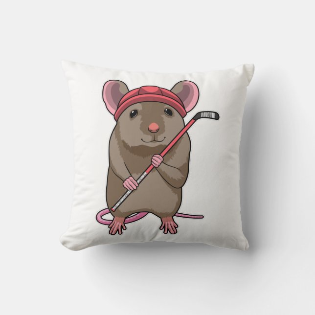Mouse at Ice hockey with Ice hockey stick Throw Pillow (Front)