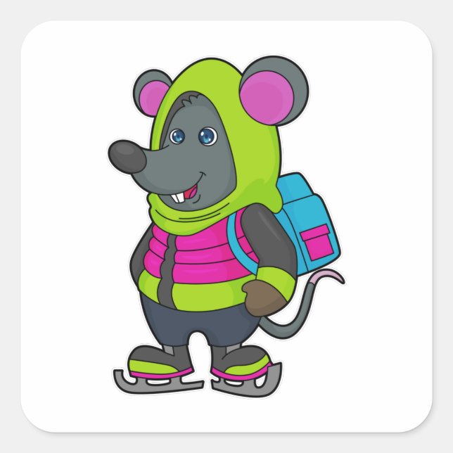 Mouse at Ice skating with Ice skates & Backpack.pn Square Sticker (Front)