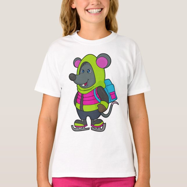 Mouse at Ice skating with Ice skates & Backpack.pn T-Shirt (Front)