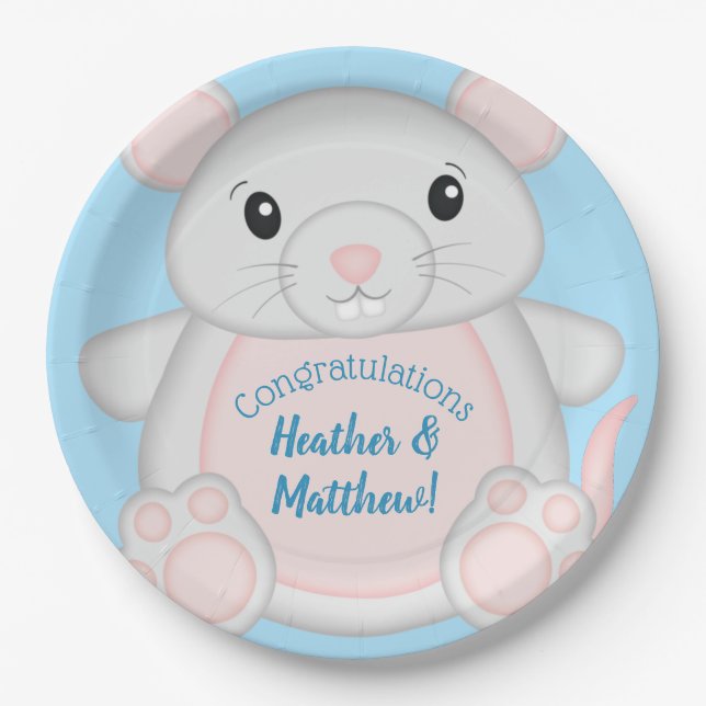 Mouse Baby Shower Blue Paper Plates (Front)