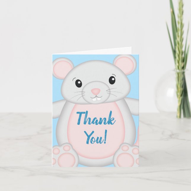 Mouse Baby Shower Blue Thank You Card (Front)