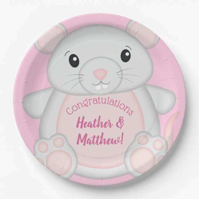 Mouse Baby Shower Pink Paper Plates (Front)