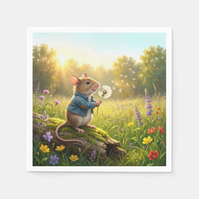 Mouse Blowing Dandelion Seedlings Napkins (Front)