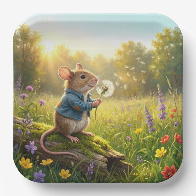 Mouse Blowing Dandelion Seedlings Paper Plates (Front)