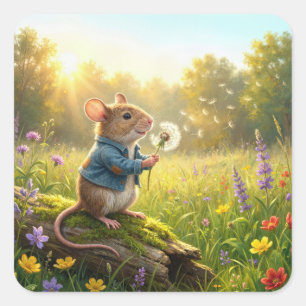 Mouse Blowing Dandelion Seedlings Square Sticker