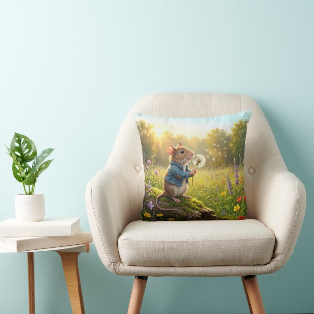 Mouse Blowing Dandelion Seedlings Throw Pillow (Chair)