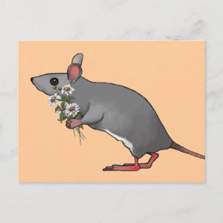 Mouse Bringing Flowers, Daisies: Art Postcard