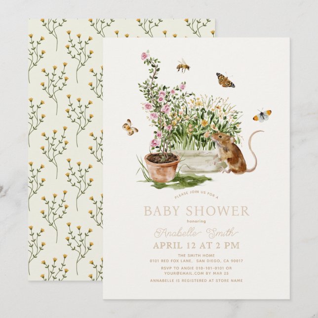 Mouse Butterfly Bee Garden Baby Shower Invitation (Front/Back)