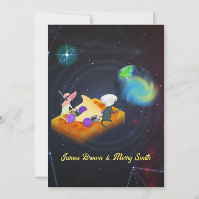 Mouse Couple in Love Flying Waffle Space Wedding Invitation (Front)