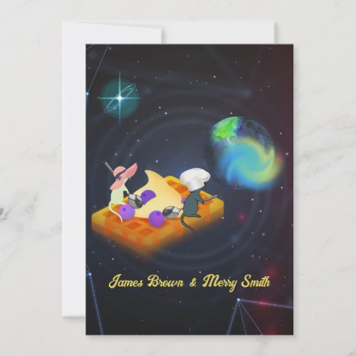 Mouse Couple in Love Flying Waffle Space Wedding Invitation