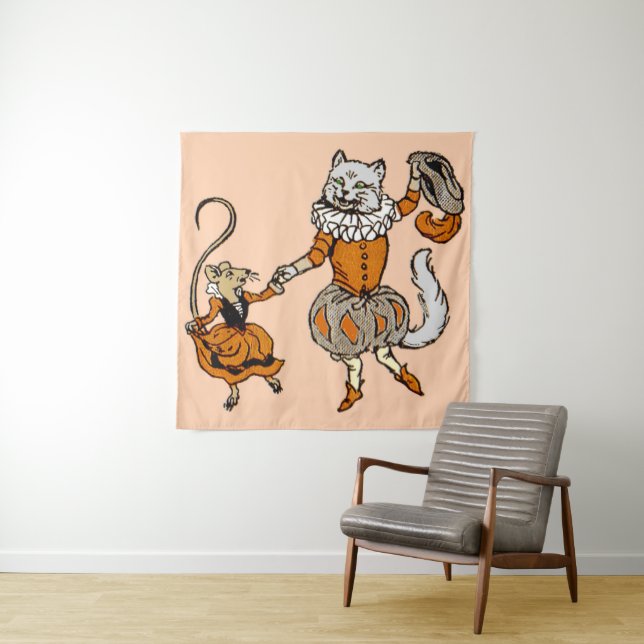 mouse dancing with a cat print tapestry (In Situ)