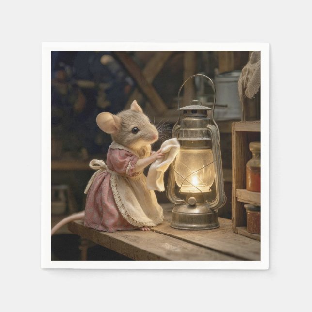 Mouse Dusting an Old Lantern Napkins (Front)