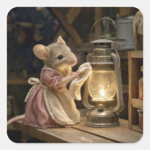 Mouse Dusting an Old Lantern Square Sticker