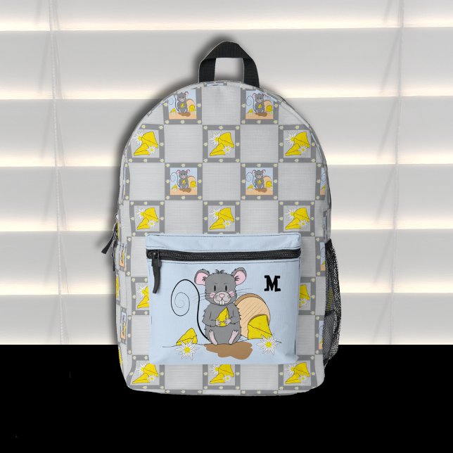 Mouse Eating Cheese Monogram Backpack  (Cartoon mouse eating cheese backpack with name initial .)