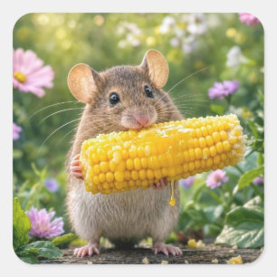 Mouse Eating Corn on the Cob Square Sticker