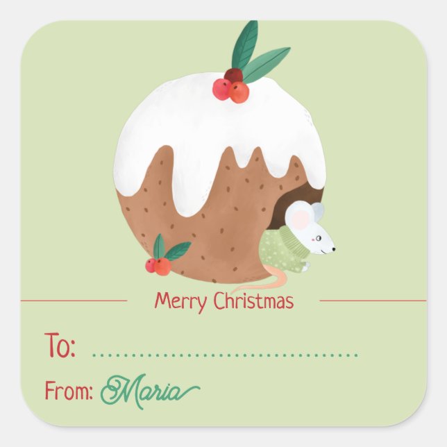 Mouse enjoying Christmas Pudding - Square Sticker (Front)