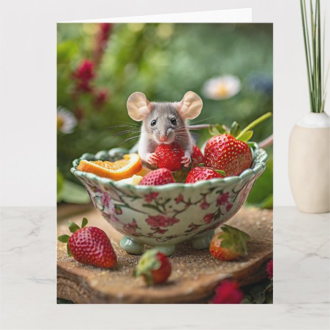 Mouse enjoys a strawberry in a dish of fruit card (Front)