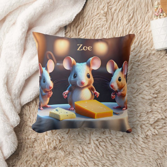 Mouse family at the dining table, cute custom  throw pillow (Blanket)