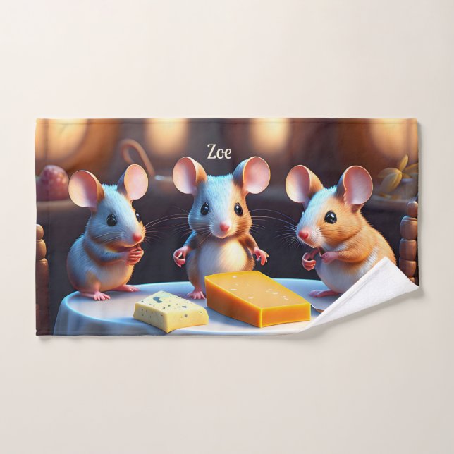 Mouse family at the dining table -  hand towel  (Hand Towel)