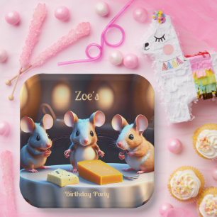 Mouse family at the dining table, Kids Birthday Paper Plates