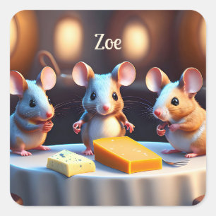 Mouse family at the dining table square sticker