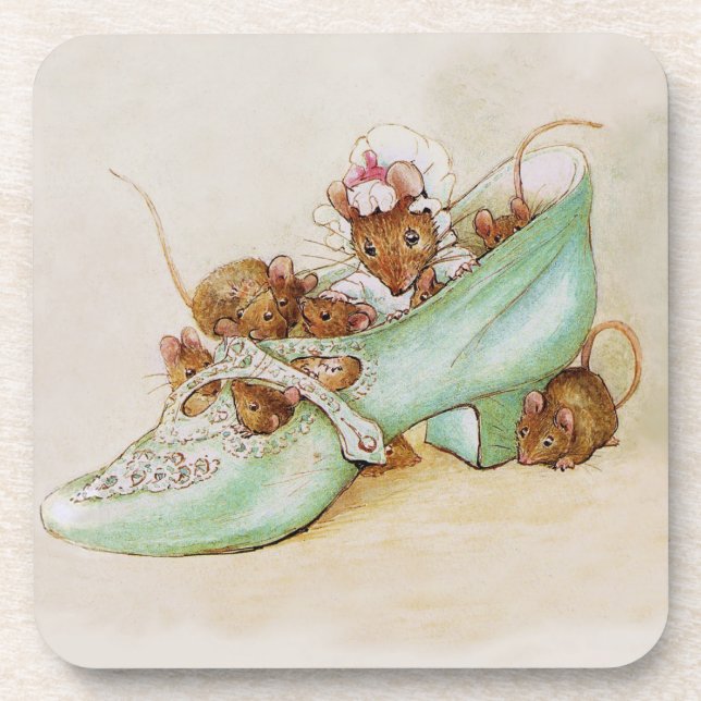 Mouse Family in a Shoe by Beatrix Potter Beverage Coaster (Front)