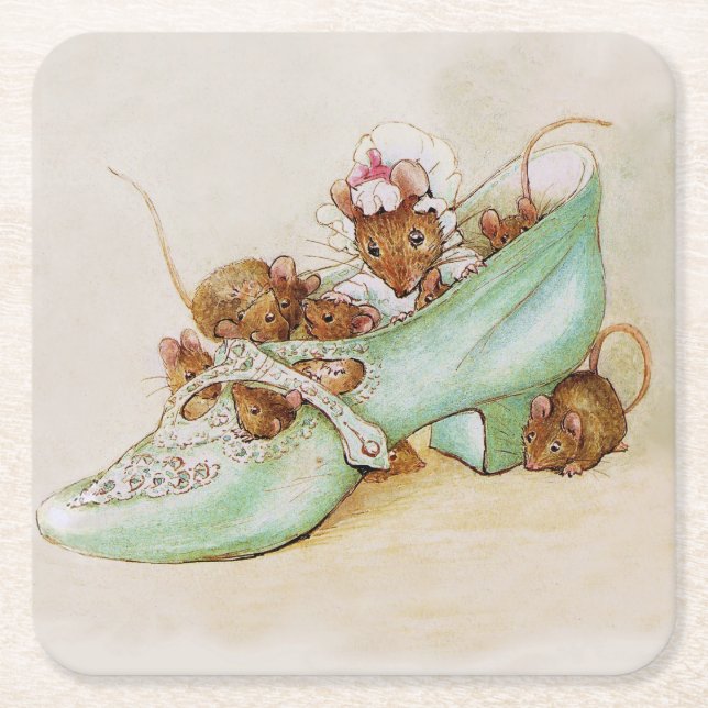 Mouse Family in a Shoe by Beatrix Potter Square Paper Coaster (Front)