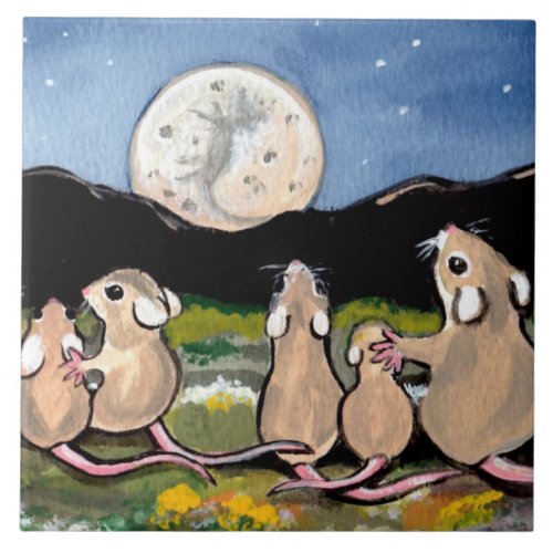 Mouse Family Watching Moon 6 Tile Trivet