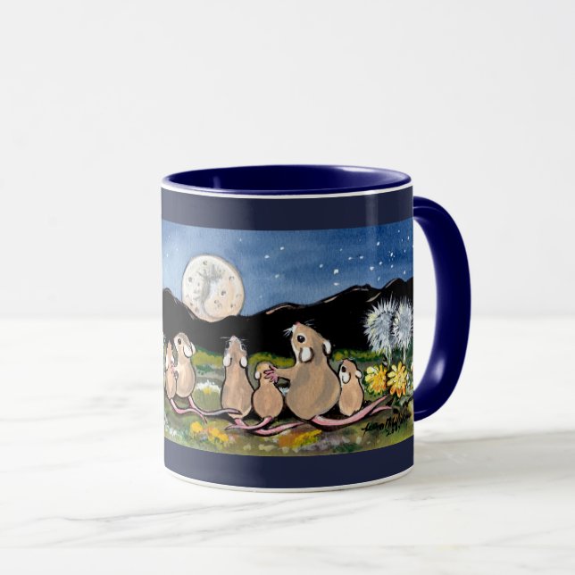 Mouse Family Watching Moon Designer Dark Blue Mug (Front Right)