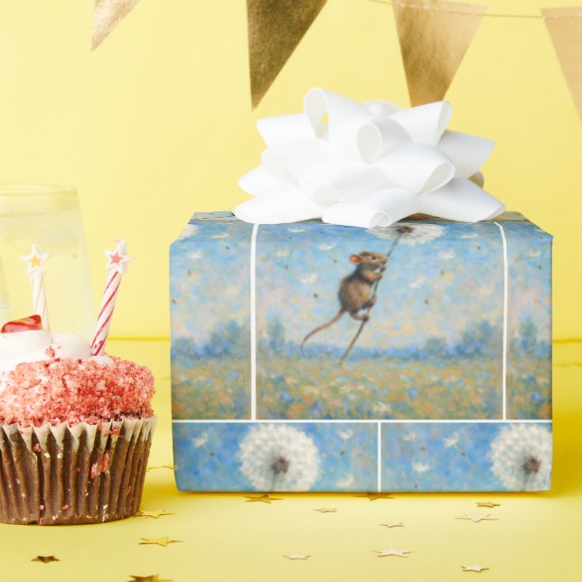 Mouse Floating On a Fluffy Dandelion Wrapping Paper (Birthday Party)