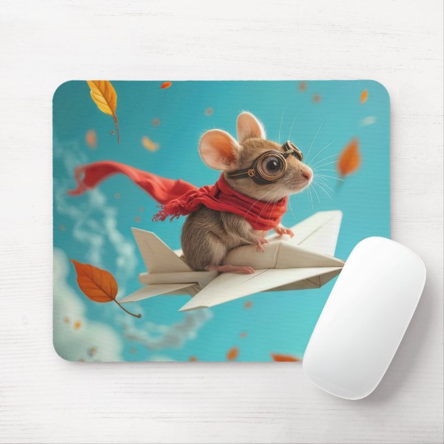 Mouse Flying a Paper Airplane Mouse Pad (With Mouse)