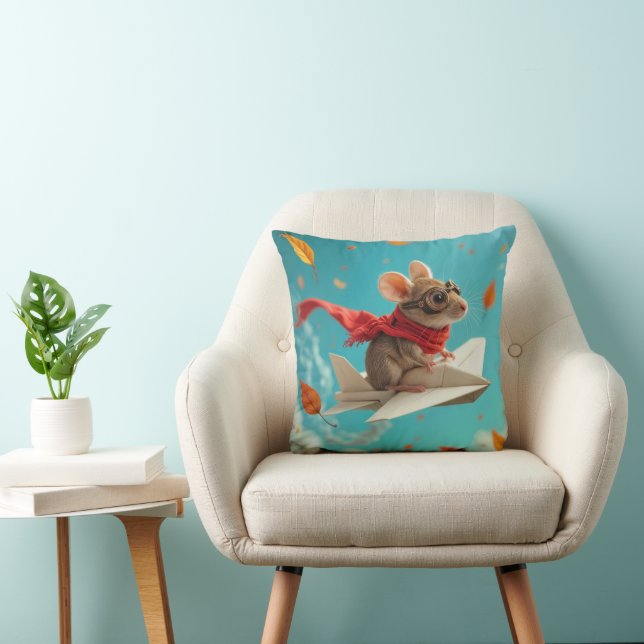 Mouse Flying a Paper Airplane Throw Pillow (Chair)