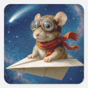 Mouse Flying In a Paper Airplane Square Sticker