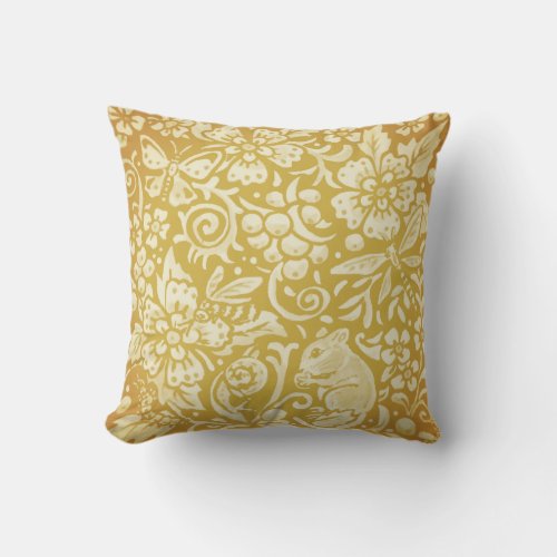 Mouse Gold Yellow Woodland Animal Floral Insects   Throw Pillow