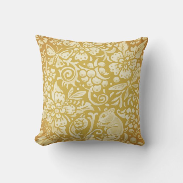 Mouse Gold Yellow Woodland Animal Floral Insects   Throw Pillow (Front)