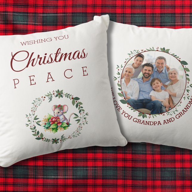 Mouse Grandparent Family Photo Christmas Wreath Throw Pillow (Creator Uploaded)