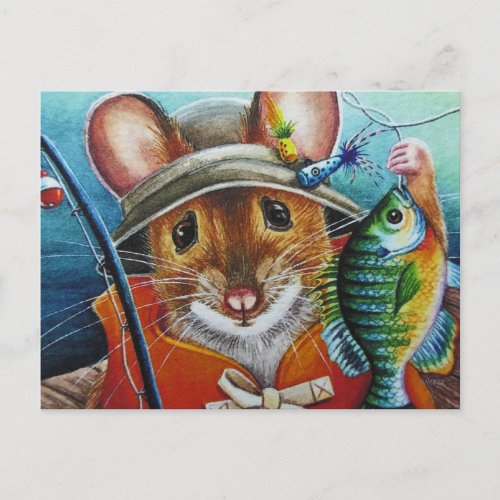 Mouse Hat Vest Fishing for Bluegill Watercolor Art Postcard