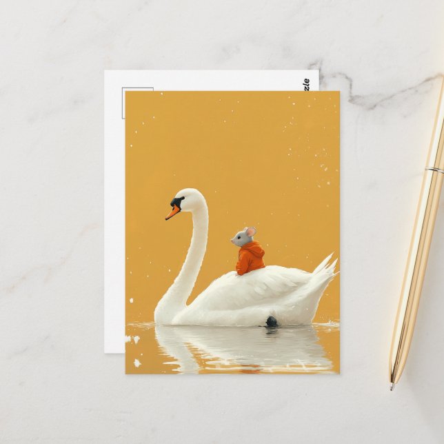 Mouse Hitches a Ride on a Swan Postcard (Front/Back In Situ)