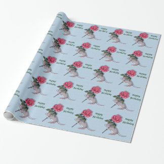 Mouse Holding a Big Pink Rose: Illustration Wrapping Paper